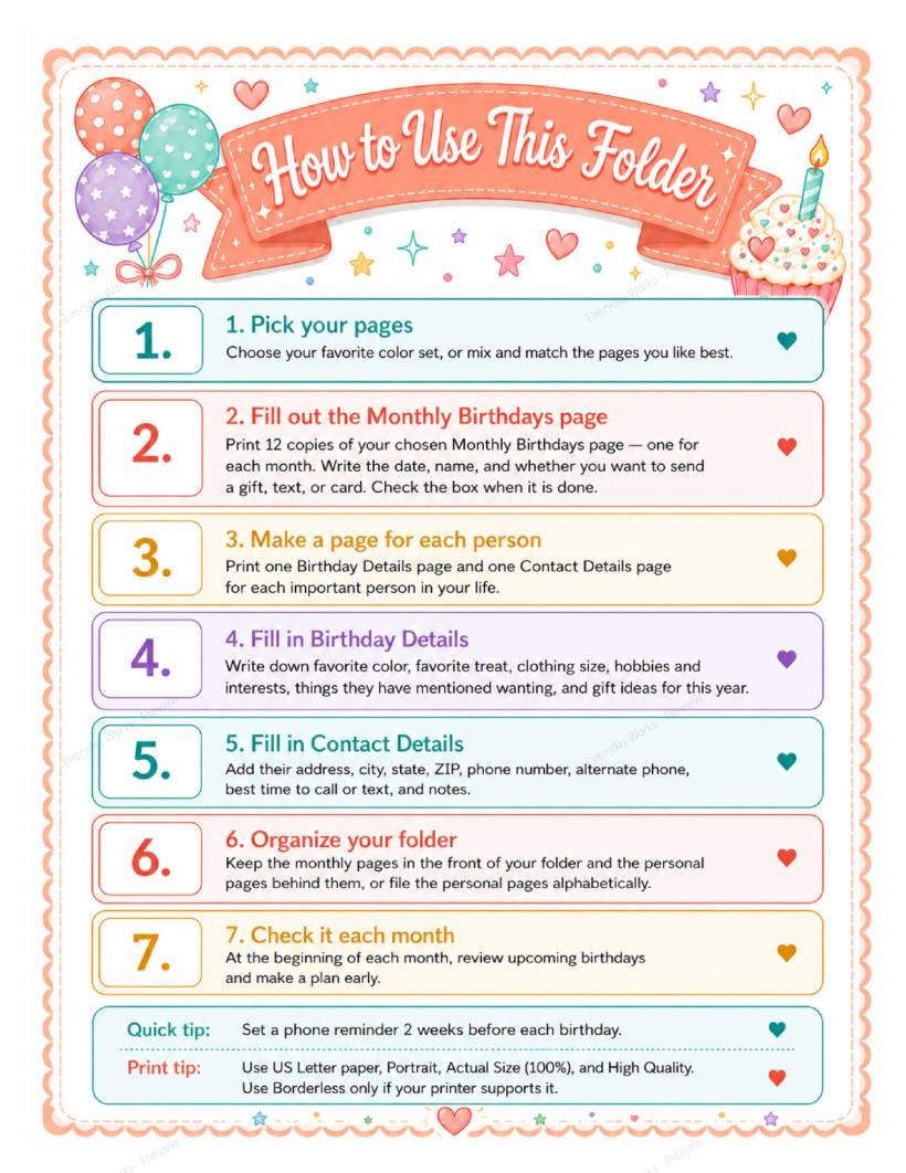 Printable Birthday Organizer sample page 1