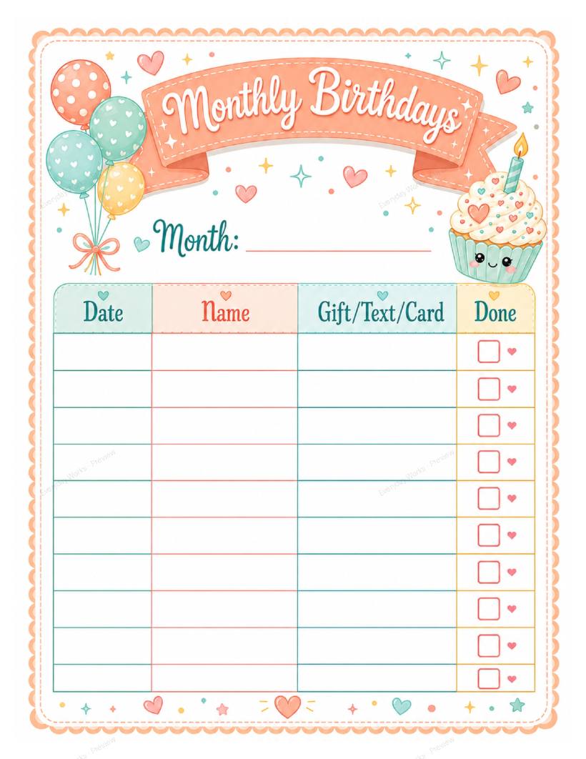 Printable Birthday Organizer sample page 2