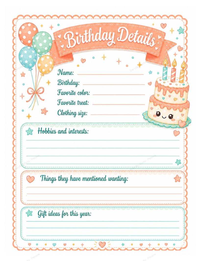 Printable Birthday Organizer sample page 3