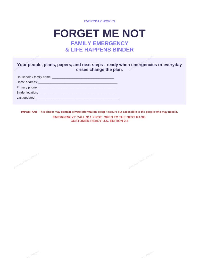 Forget Me Not: Family Emergency & Life Happens Binder sample page 1