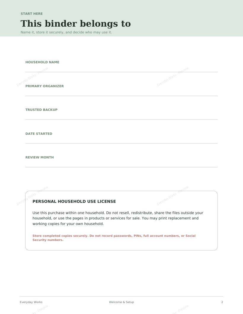 Home Management Binder sample page 1